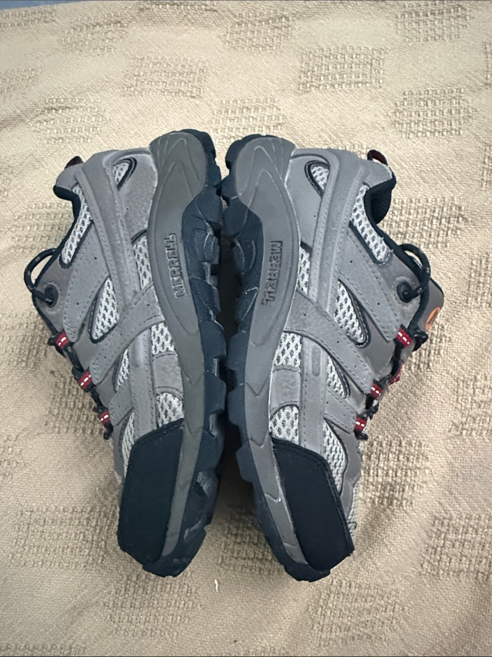 Kids Merrell Gray and Black Trail Shoes with Red Accents
